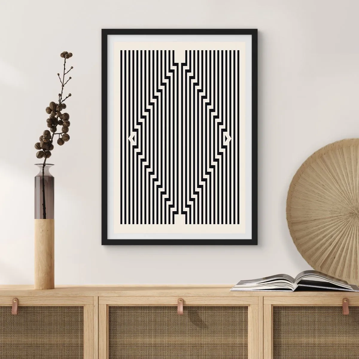 Poster in black frame - Black and white lines creating an optical illusion - 50x70cm - Geometrical Illusion - Modern wall decoration for the living room and bedroom ARTTOR