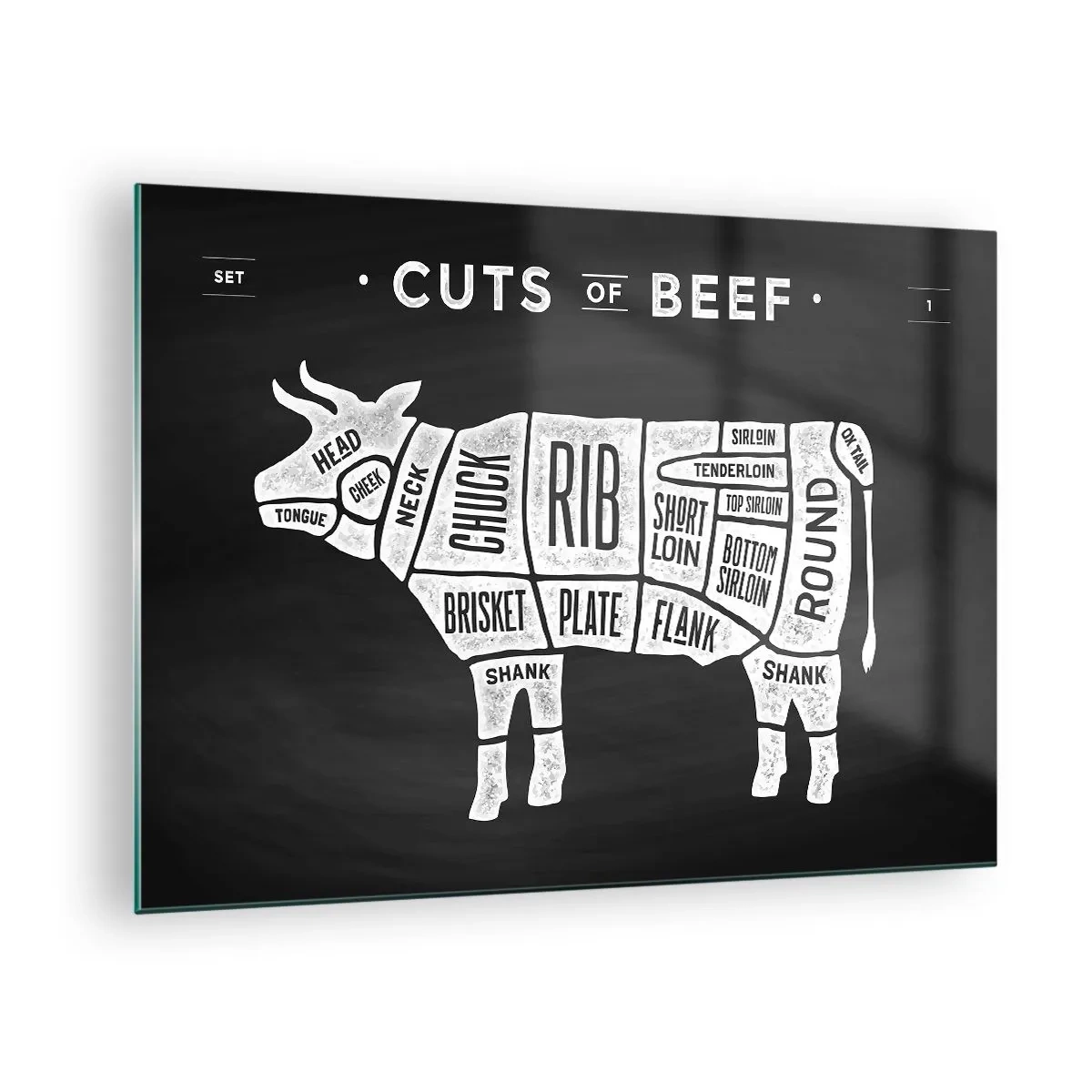 Glass picture - Beef cut diagram on a black board - 70x50cm - Time for a Feast - Modern wall decoration for the living room and bedroom ARTTOR