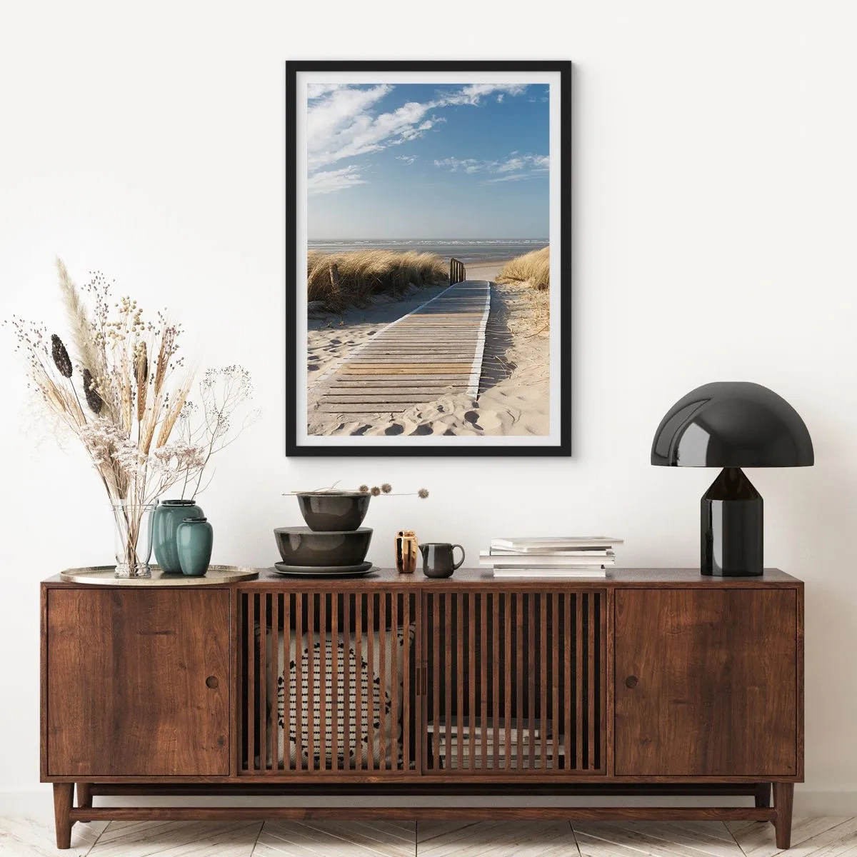Poster in black frame - Beach path through the dunes with blue skies - 50x70cm - Behind a Dune, in the Hum of Trees - Modern wall decoration for the living room and bedroom ARTTOR