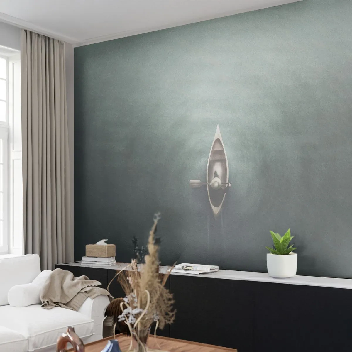 Photo Wallpaper Standard Eco - A boat with a figure on a calm lake seen from above - 100x70cm - Through Moon Lake - Modern wall decoration for the living room and bedroom ARTTOR