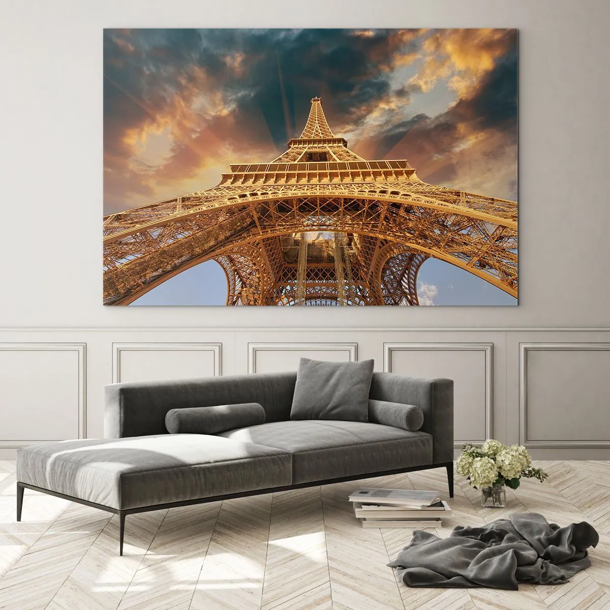 Glass picture - The Eiffel Tower captured from a worm's-eye perspective - 70x50cm - Man Has Reached the Clouds - Modern wall decoration for the living room and bedroom ARTTOR