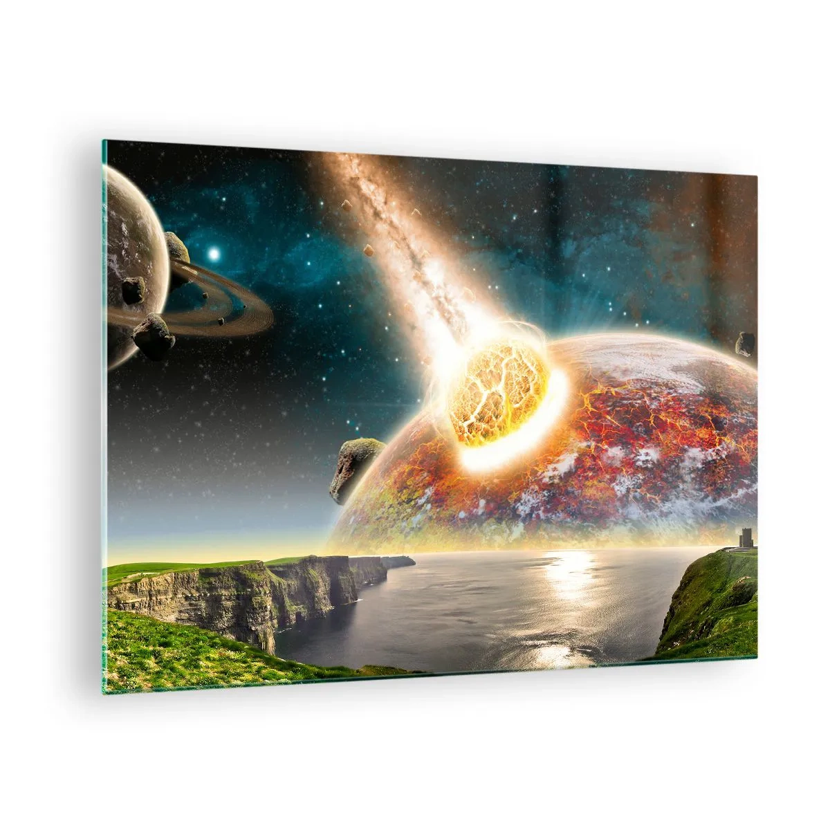 Glass picture - A meteorite collides with a planet in space. - 70x50cm - Space Drama - Modern wall decoration for the living room and bedroom ARTTOR