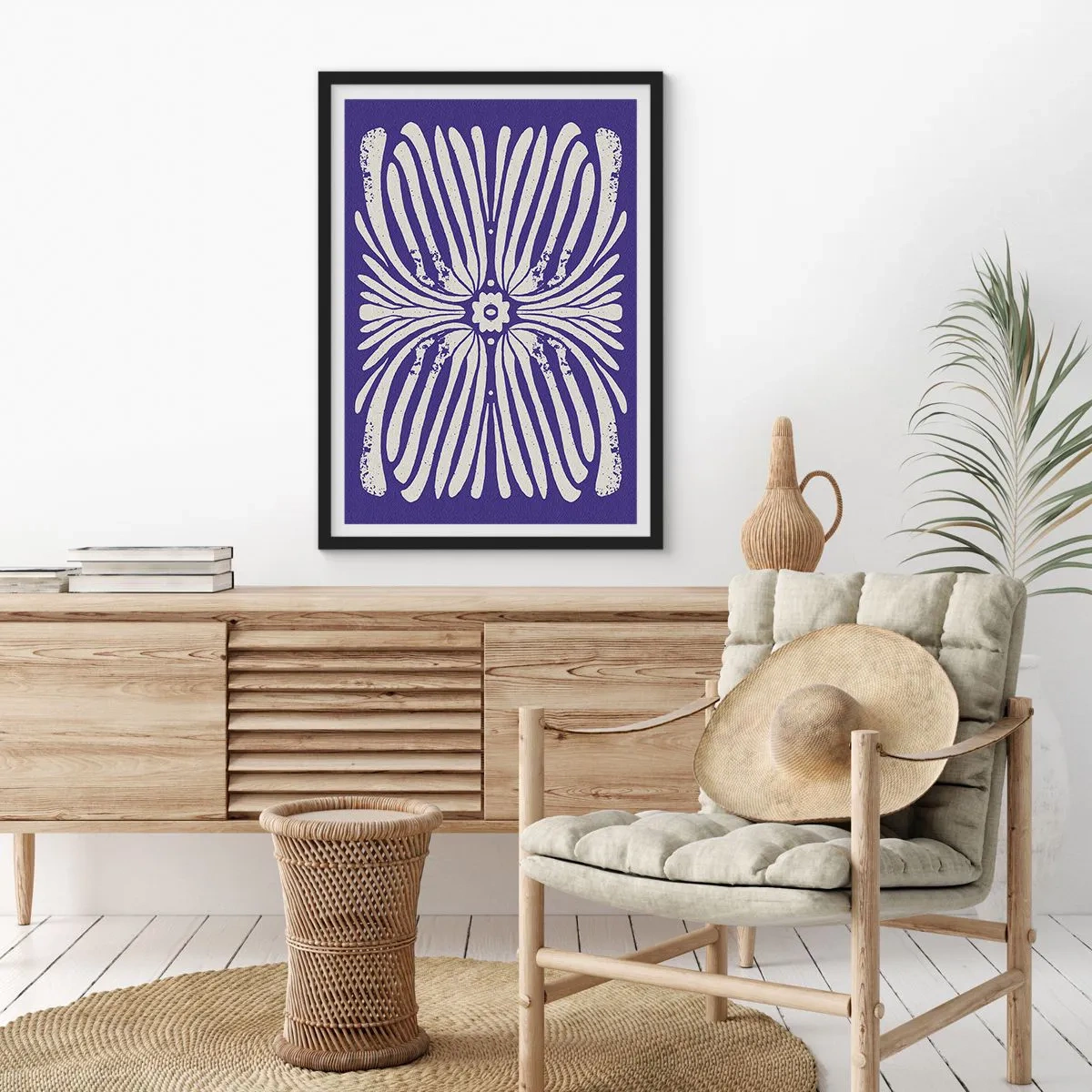 Poster in black frame - Symmetrical retro floral pattern on a navy blue background - 50x70cm - Ethnic Inspirations - Modern wall decoration for the living room and bedroom ARTTOR
