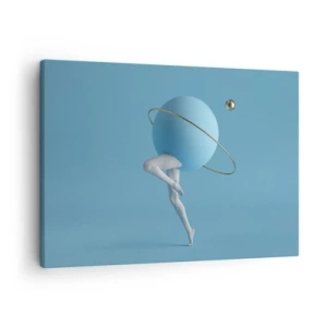 Canvas picture - A blue sphere with an orbit and human legs against the sky - 70x50cm - And Planets Are Going Crazy - Modern wall decoration for the living room and bedroom ARTTOR