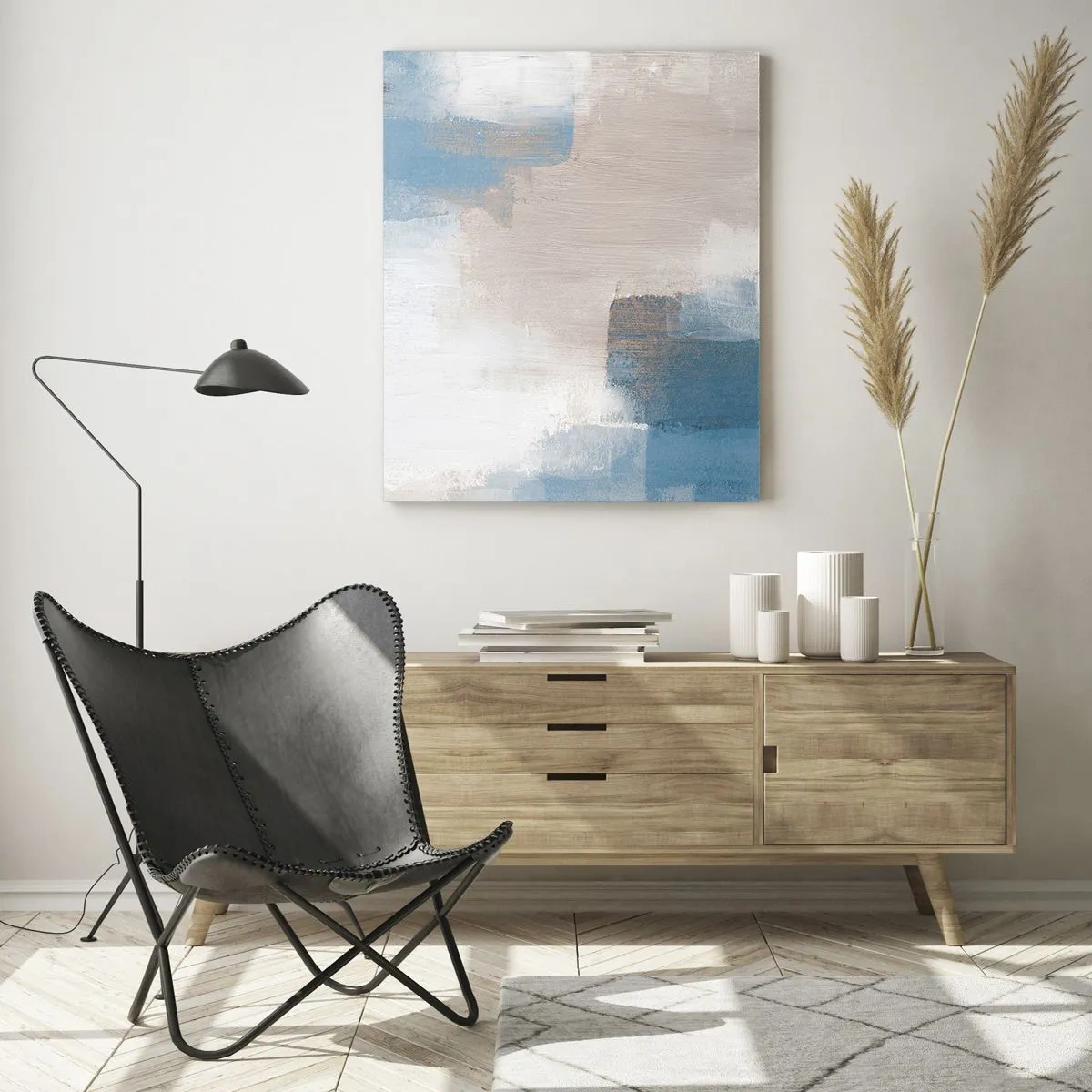 Glass picture - Pink Abstract with a Blue Curtain - 50x70 cm