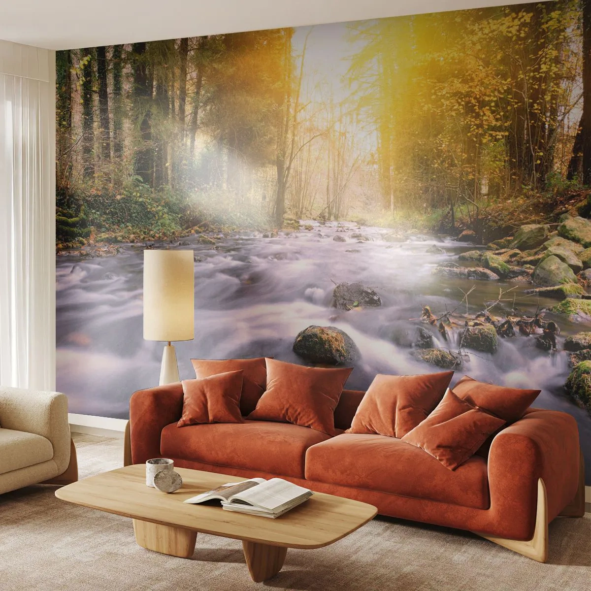 Photo Wallpaper Premium Sand - Malachite in Silver and Gold Setting - Landscape, Mountain Stream, Forest - 100x70 cm