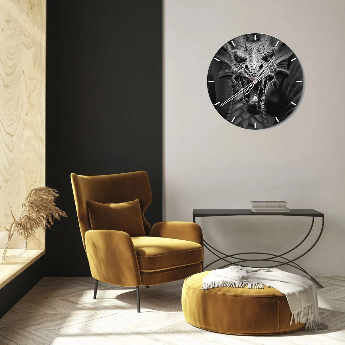 Wall clock - Clock on glass - A menacing dragon head in black and white style - 30x30cm - Fairytale Dragon in Grey - Modern wall decoration for the living room, kitchen, and bedroom ARTTOR