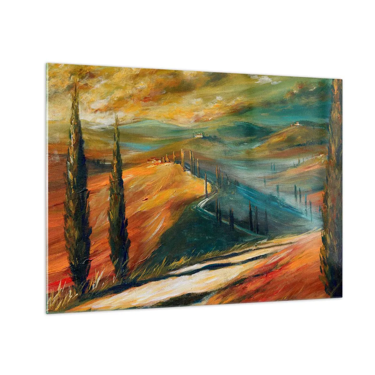 Glass picture - Sunset over a Tuscan hill - 70x50cm - Tuscan Landscape - Modern wall decoration for the living room and bedroom ARTTOR