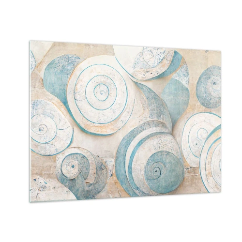 Glass picture - Shells in a blue and beige palette on a structured background - 70x50cm - What Does a Shell Hide? - Modern wall decoration for the living room and bedroom ARTTOR