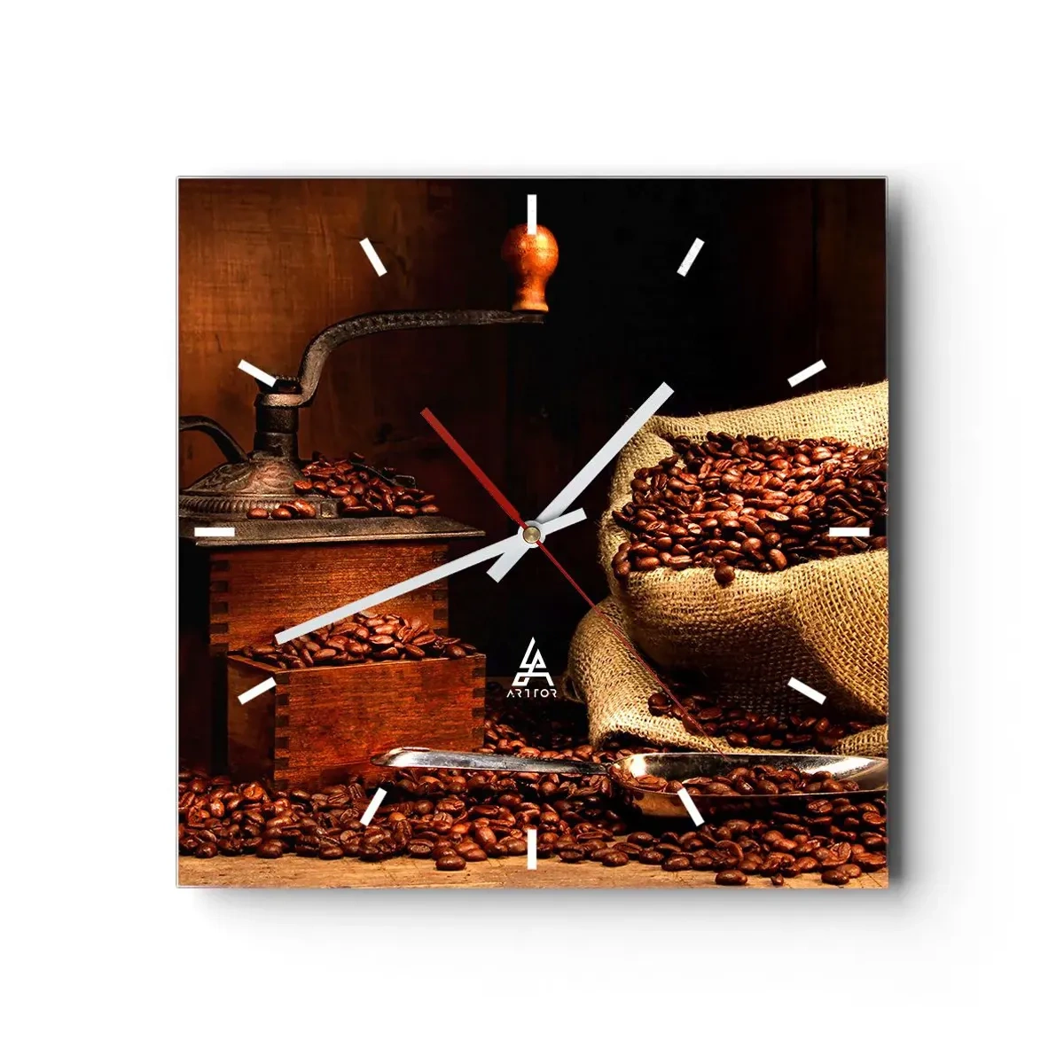 Wall clock - Clock on glass - Still Life with Coffee Grains and a Grinder - 40x40 cm