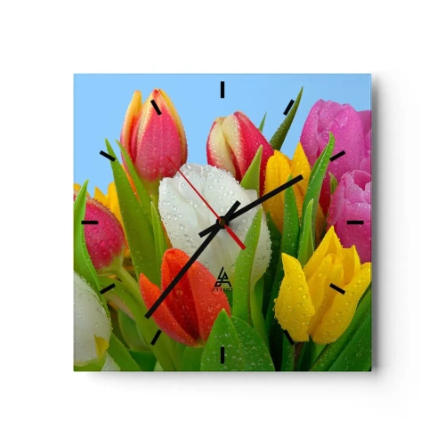 Wall clock - Clock on glass - Floral Rainbow in Dew Drops - 40x40 cm