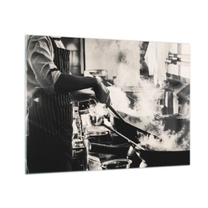 Glass picture - A chef in action with a frying pan in a kitchen filled with steam - 70x50cm - Alchemy of Flavours - Modern wall decoration for the living room and bedroom ARTTOR