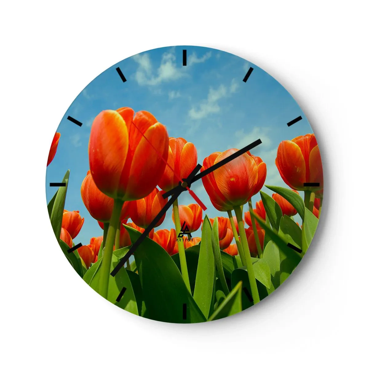 Wall clock - Clock on glass - Red tulips against a blue sky - 30x30cm - Blue Sky Is All They Need - Modern wall decoration for the living room, kitchen, and bedroom ARTTOR