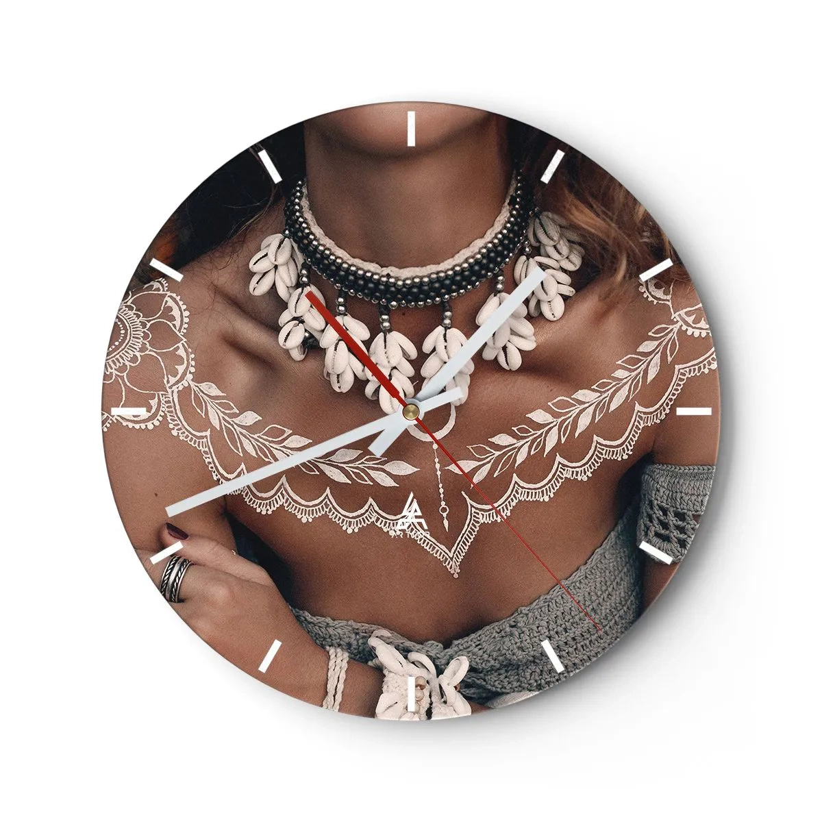 Wall clock - Clock on glass - Decorative portrait of a woman with ethnic jewelry and henna patterns - 30x30cm - Talismans, Rituals of Womanhood - Modern wall decoration for the living room, kitchen, and bedroom ARTTOR