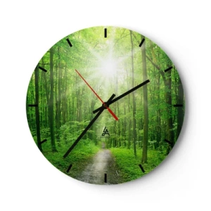 Wall clock - Clock on glass - A forest path illuminated by the sun's rays - 30x30cm - Green Cathedral - Modern wall decoration for the living room, kitchen, and bedroom ARTTOR