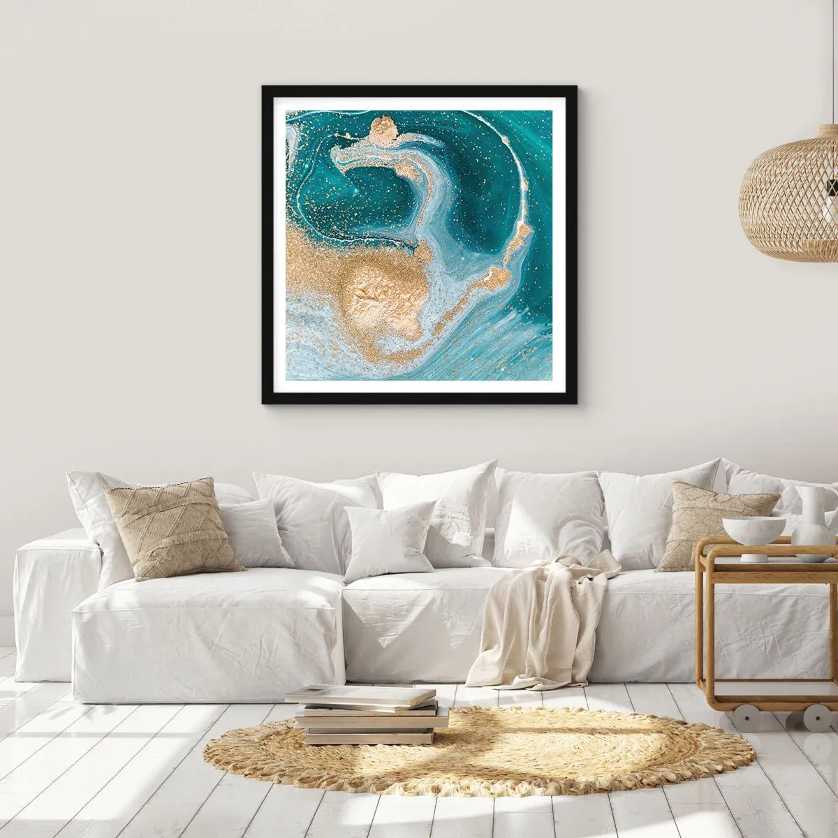 Poster in black frame - Swirl of Gold and Turquiose - 30x30 cm