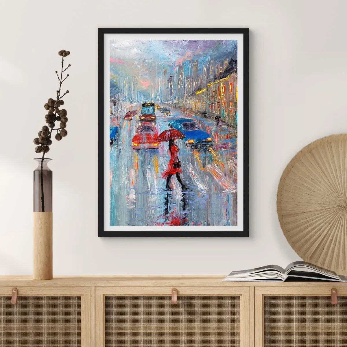 Poster in black frame - Impressionistic cityscape in the rain - 50x70cm - Rainy Afternoon in a City - Modern wall decoration for the living room and bedroom ARTTOR
