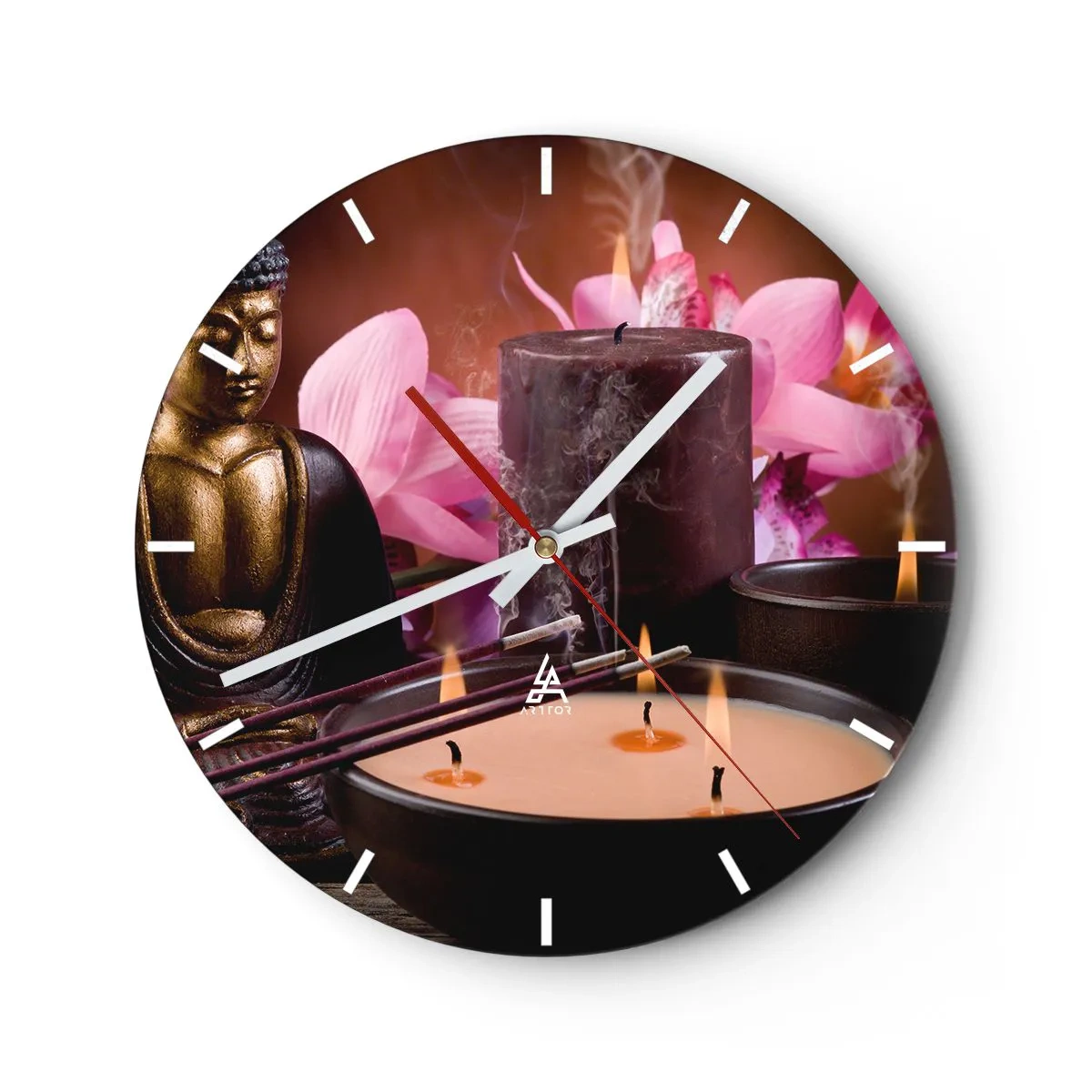 Wall clock - Clock on glass - A set of candles, incense and a Buddha sculpture with pink flowers - 30x30cm - Clear the Mind, Calm the Body - Modern wall decoration for the living room, kitchen, and bedroom ARTTOR