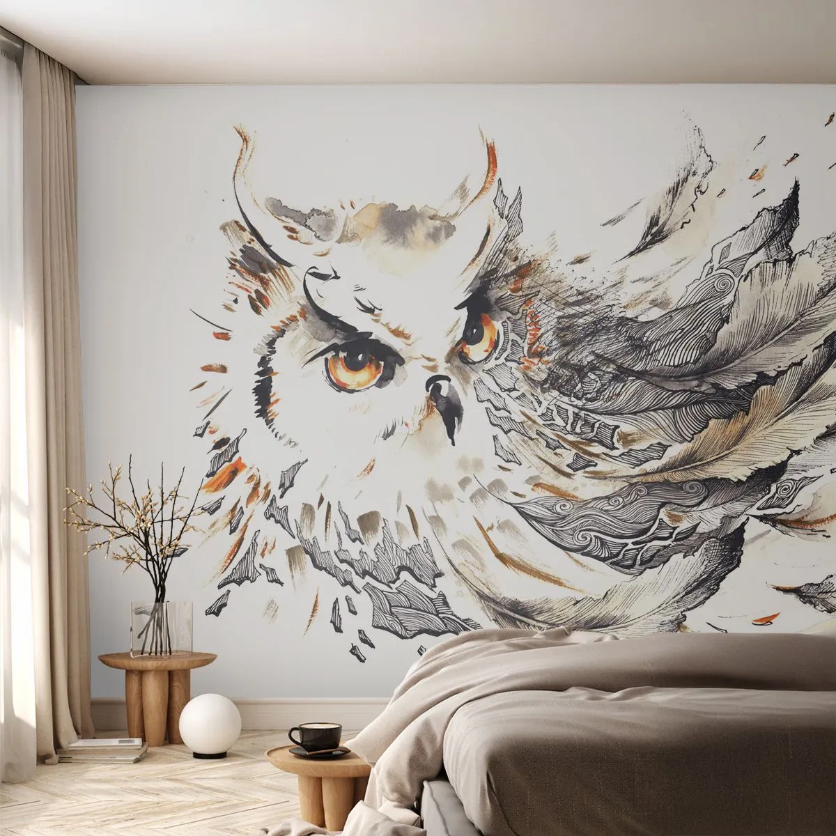 Photo Wallpaper Premium Sand - She Came from the Land of Magic - Bird, Owl, Graphics - 150x105 cm