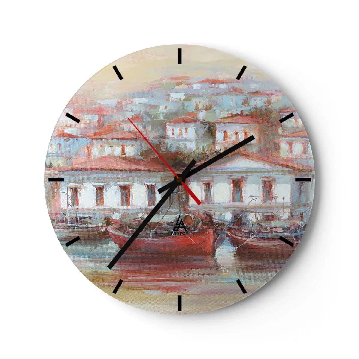 Wall clock - Clock on glass - A picturesque port with boats and Mediterranean architecture - 30x30cm - Happy Town - Modern wall decoration for the living room, kitchen, and bedroom ARTTOR