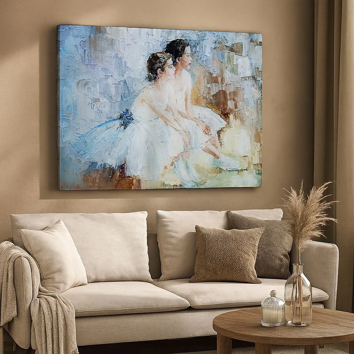 Canvas picture - Two ballerinas in white outfits relaxing against a pastel background. - 70x50cm - Young Swans Resting - Modern wall decoration for the living room and bedroom ARTTOR