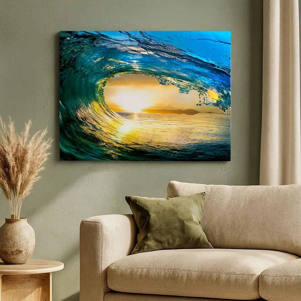 Canvas picture - Ocean wave in the sun with a view of the horizon - 70x50cm - In an Emerald and Gold Crystal - Modern wall decoration for the living room and bedroom ARTTOR