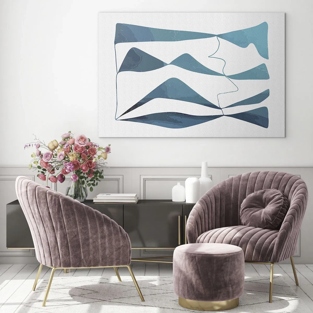 Glass picture - Turquoise waves and shapes on a white background - 70x50cm - Abstract: Turquoise Relation - Modern wall decoration for the living room and bedroom ARTTOR