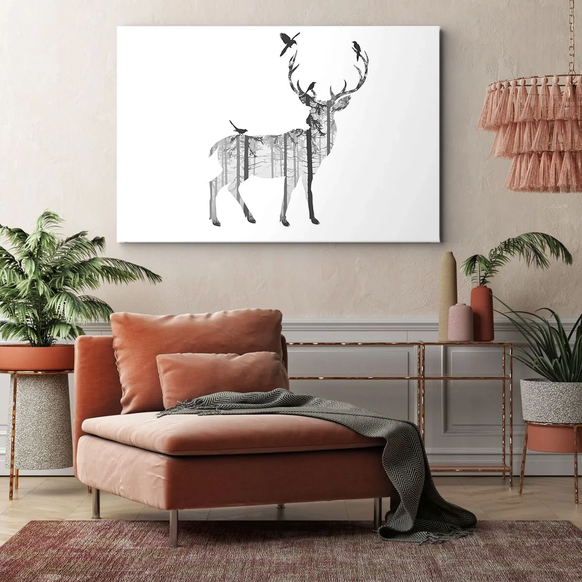 Canvas picture - Silhouette of a deer with forest and birds - 70x50cm - Good Spirit of a Forest - Modern wall decoration for the living room and bedroom ARTTOR