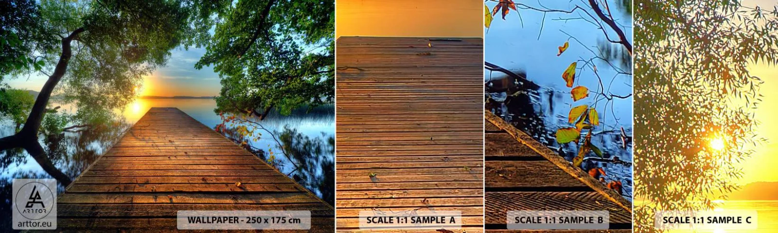 Photo Wallpaper Sample Self-Adhesive Deluxe Sticker - Don't Hurry, Sit Down - Landscape, Wooden Bridge, Lake - 100x30 cm