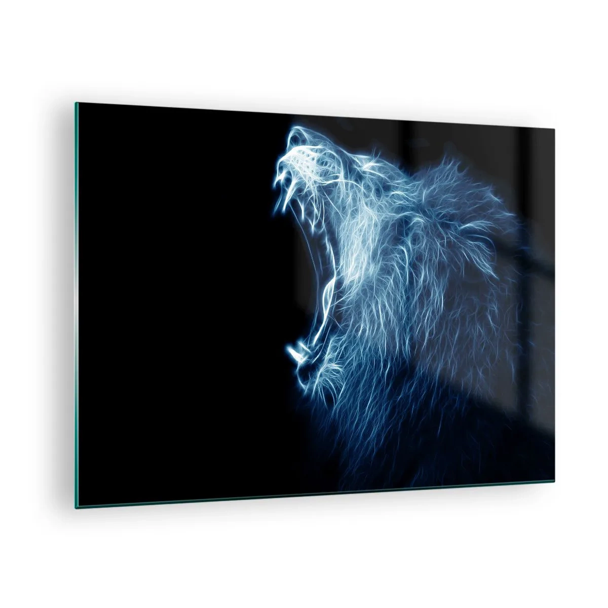 Glass picture - A striking neon representation of a roaring lion on a black background. - 70x50cm - Flaming Rage of a King - Modern wall decoration for the living room and bedroom ARTTOR