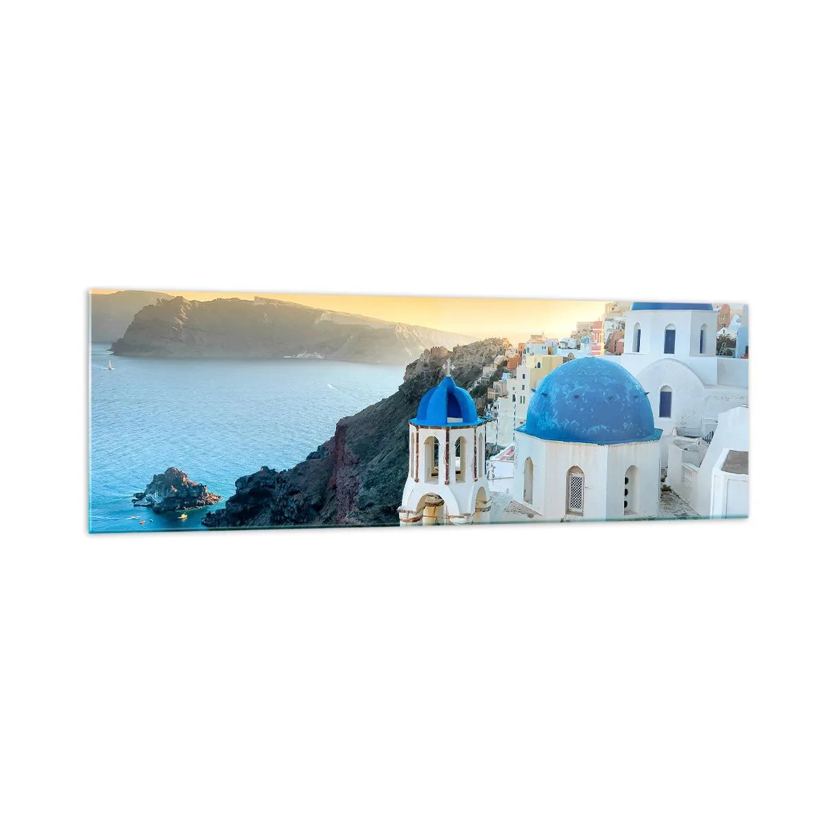 Glass picture - Santorini - Snuggling up to the Rocks - 160x50 cm