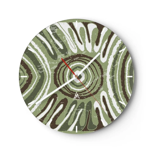 Wall clock - Clock on glass - Green and brown symmetrical composition with concentric patterns - 30x30cm - Explosion of Emotions - Modern wall decoration for the living room, kitchen, and bedroom ARTTOR