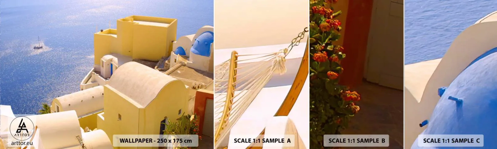 Photo Wallpaper Sample Self-Adhesive Deluxe Sticker - Greek Landscape in White and Blue - Landscape, Santorini, Greece - 100x30 cm