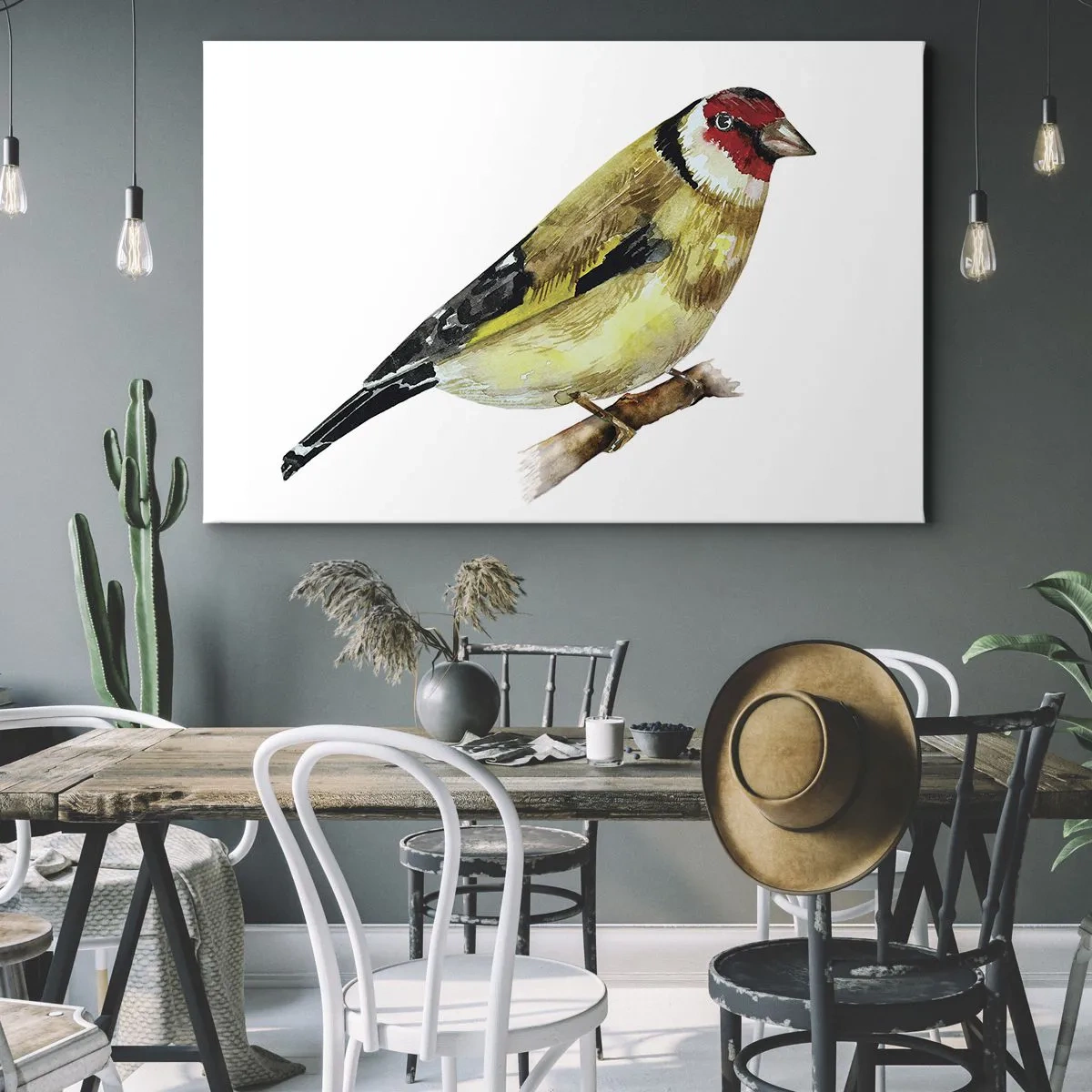 Canvas picture - A bird with a red head on a branch - 70x50cm - Bird Portrait  - Modern wall decoration for the living room and bedroom ARTTOR