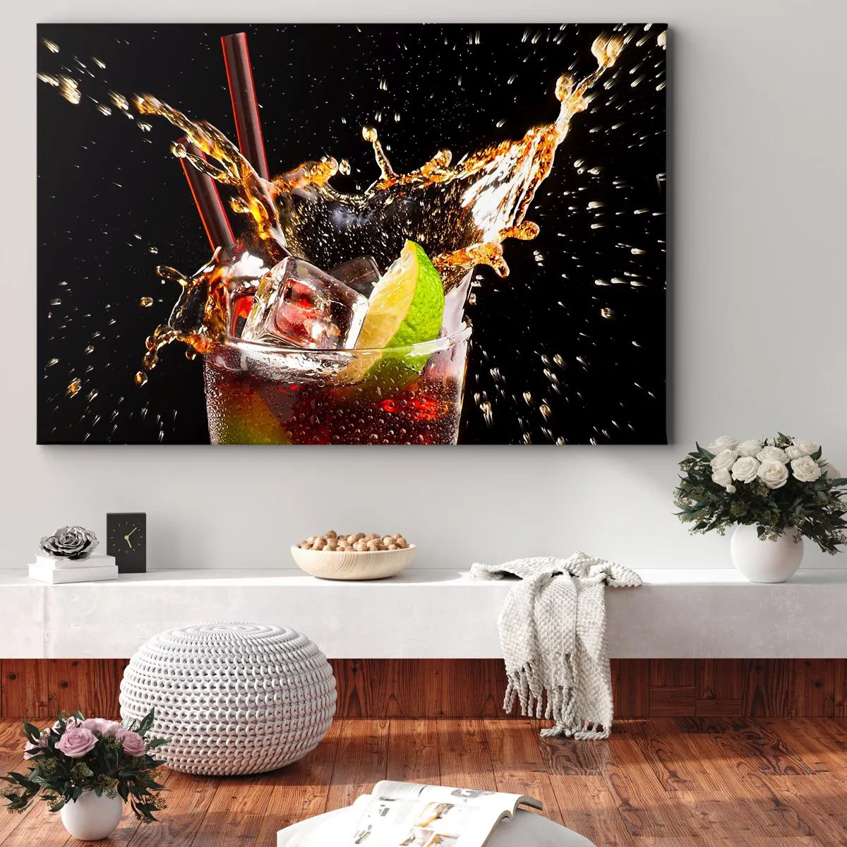 Canvas picture - A glass of drink, lime and ice at the moment of dynamic splashing - 70x50cm - Joy and Energy of Colours - Modern wall decoration for the living room and bedroom ARTTOR