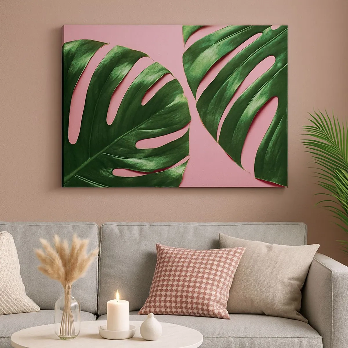 Canvas picture - Green monstera leaves on a pink background - 70x50cm - Green Rendezvous - Modern wall decoration for the living room and bedroom ARTTOR