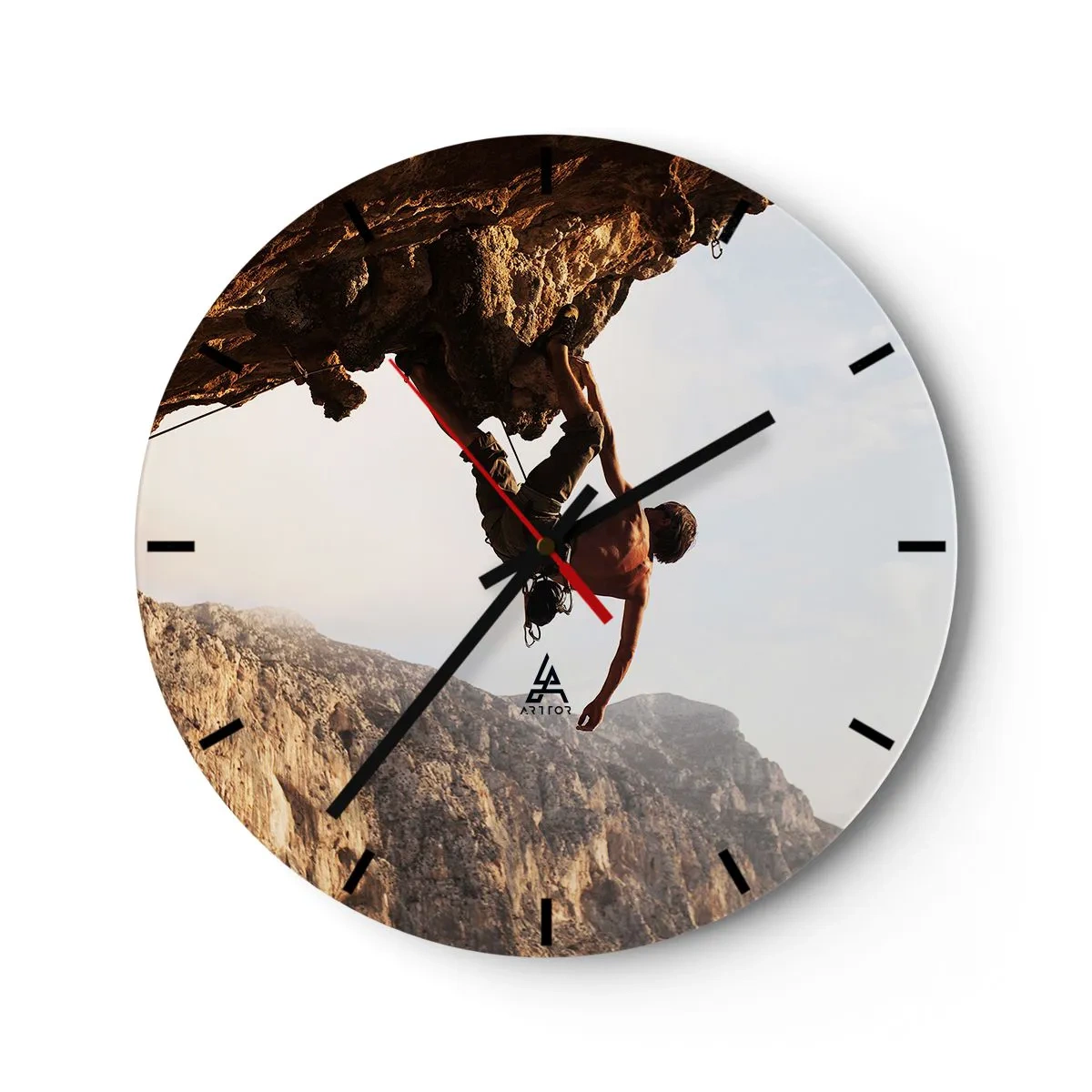 Wall clock - Clock on glass - Climbing on a cliff with a view of the mountains - 30x30cm - The Whole World on a Sharp Cliff - Modern wall decoration for the living room, kitchen, and bedroom ARTTOR