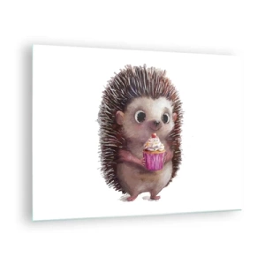 Glass picture - A cute hedgehog with a cupcake on a white background - 70x50cm - Everyday is Holiday - Modern wall decoration for the living room and bedroom ARTTOR
