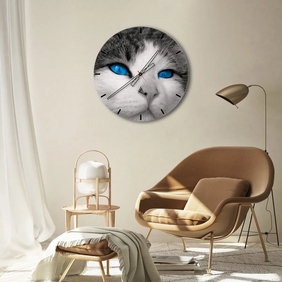 Wall clock - Clock on glass - Close-up of a cat's face with intense blue eyes - 30x30cm - Extremely Blue-eyed - Modern wall decoration for the living room, kitchen, and bedroom ARTTOR