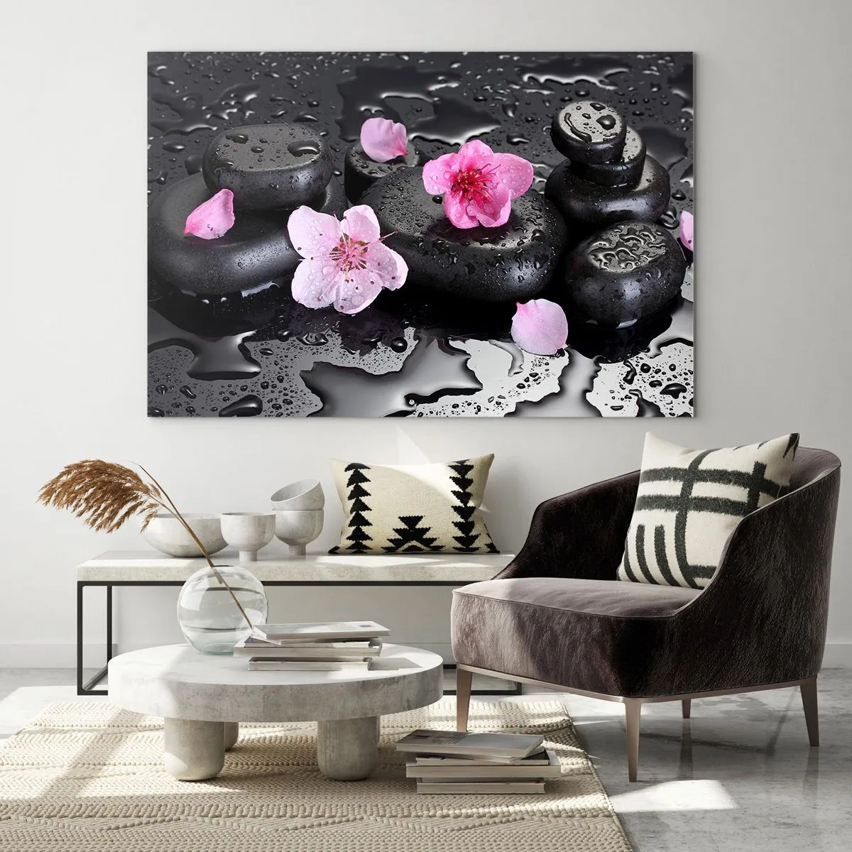 Glass picture - Spa stones with flowers on a wet background - 70x50cm - Black Zen Stones - Modern wall decoration for the living room and bedroom ARTTOR