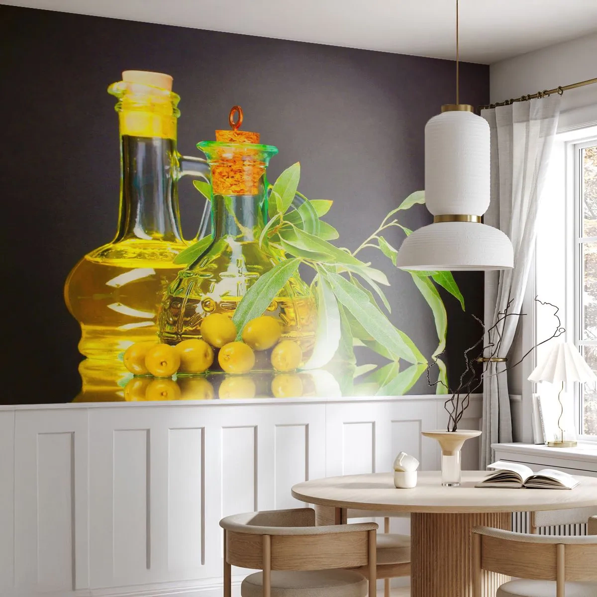 Photo Wallpaper Premium Sand - Still Life with Olives and Olive Oil - Gastronomy, Olives, Oil - 400x280 cm