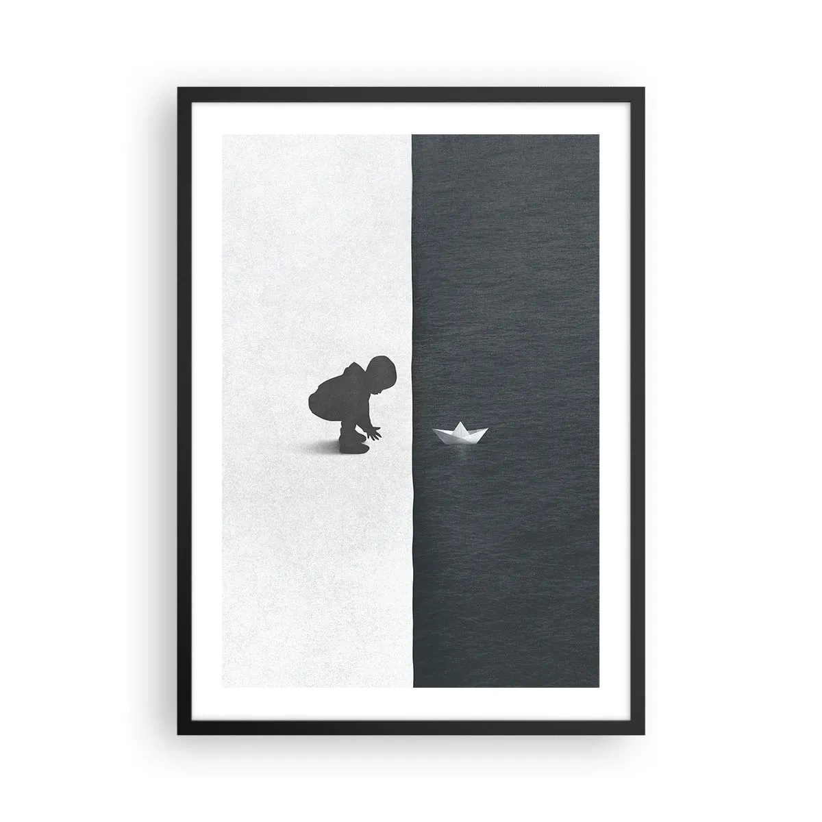 Poster in black frame - A child leaning over the water with a paper boat - 50x70cm - Big Voyage - Modern wall decoration for the living room and bedroom ARTTOR