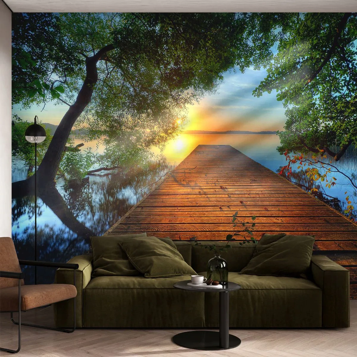 Photo Wallpaper Premium Sand - Don't Hurry, Sit Down - Landscape, Wooden Bridge, Lake - 100x70 cm