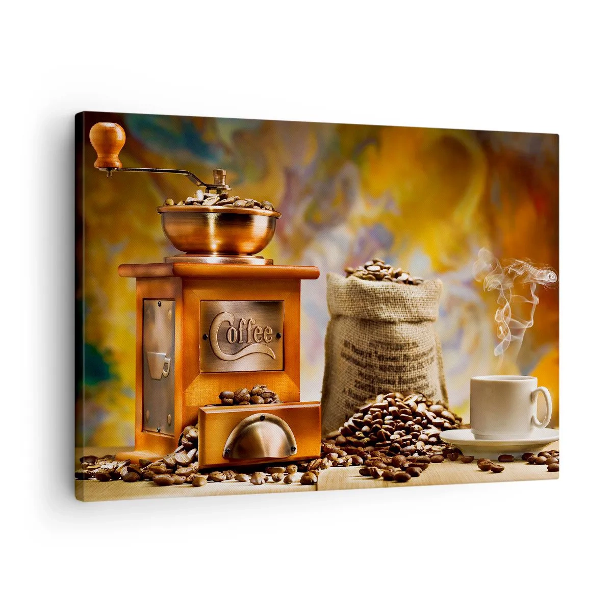 Canvas picture - Coffee grinder with beans and a cup on the background - 70x50cm - Grains Crunching, Grinder Rumbling - Modern wall decoration for the living room and bedroom ARTTOR