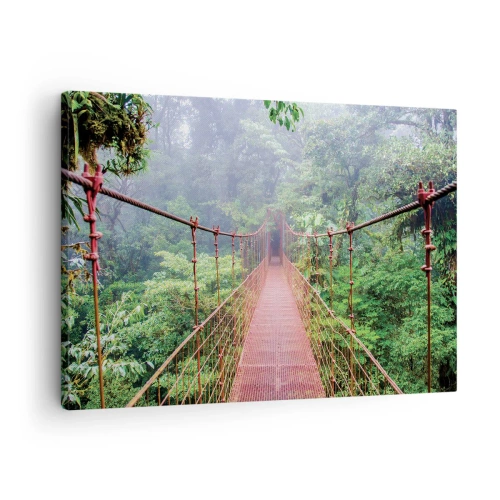 Canvas picture - A suspension bridge in a tropical jungle surrounded by fog - 70x50cm - Suspended above Crowns - Modern wall decoration for the living room and bedroom ARTTOR