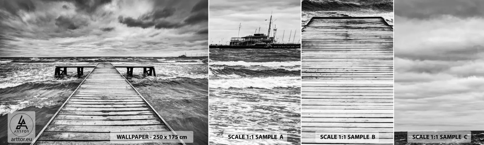 Photo Wallpaper Sample Self-Adhesive Deluxe Sticker - Waiting for the Wind to Blow away - Landscape, Wooden Bridge, Sea - 100x30 cm