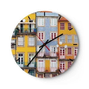 Wall clock - Clock on glass - Colorful facades of tenement houses with balconies and windows - 30x30cm - Colours of Old Town - Modern wall decoration for the living room, kitchen, and bedroom ARTTOR
