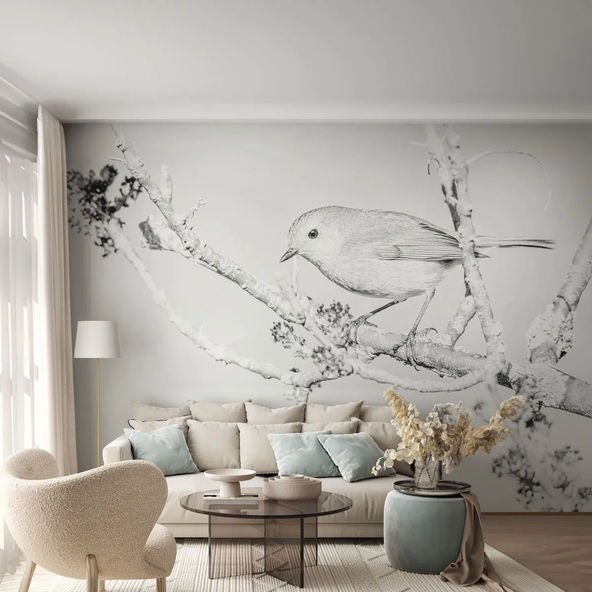 Self-Adhesive Photo Wallpaper Deluxe Sticker - Winter Morning - Bright, Bird, Nature - 450x315 cm