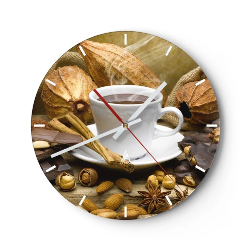 Wall clock - Clock on glass - A cup of hot chocolate with spices and cocoa beans - 30x30cm - For Adventure Hunters - Modern wall decoration for the living room, kitchen, and bedroom ARTTOR