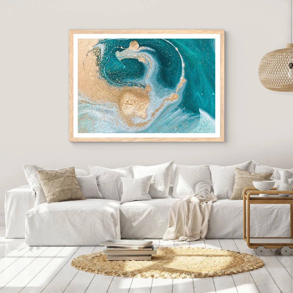 Poster in light oak frame - Swirl of Gold and Turquiose - 40x30 cm
